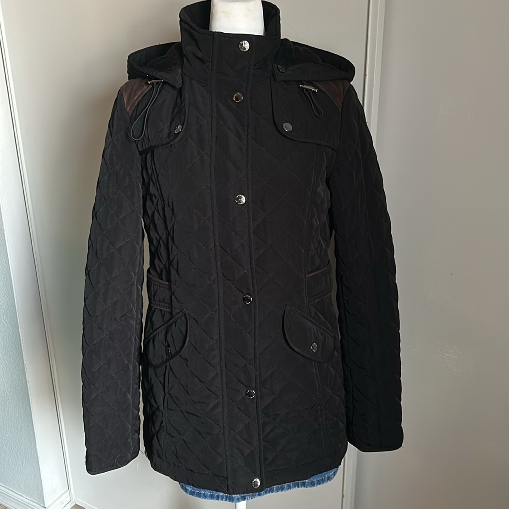 Laundry By Design Quilted Mid-Length Faux Fur Detachable Hood Zip Snap Up Jacket